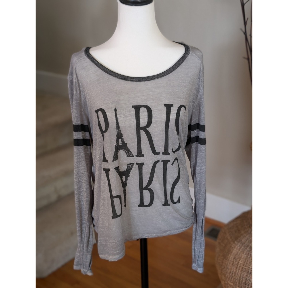 Y2K Grey Paris Graphic Top Varsity Stripe Scoop Neck Long Sleeve XL